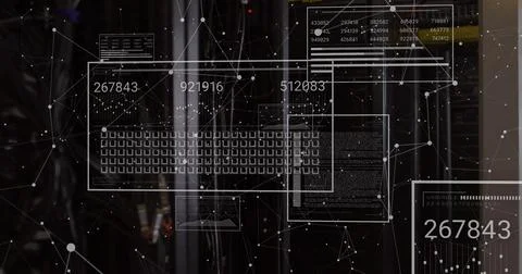 Displaying dashboard overlay and network node graphic in server room racks, with Stock Illustration