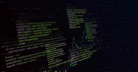Displaying dashboard overlaying code blocks with candlestick chart and glowing Stock Illustration