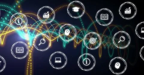 Displaying dashboard overlaying waveform lines in interface, with circular info Illustrazione stock