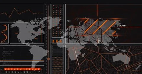 Displaying dashboard panels at control console, with world map outlines and 3D Stock Photos