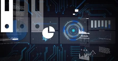 Displaying dashboard panels onscreen with pie chart, radar rings, bar and line 库存照片