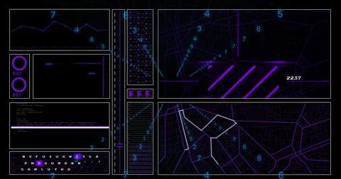 Displaying dashboard on PC screen with neon graph, gauges, code panel, data list Foto stock