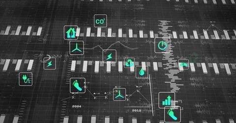 Displaying dashboard plotting bar and line on large monitor, with green CO? and Stock Illustration