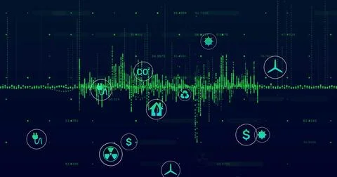 Displaying dashboard plotting green waveform on blue display, with CO? wind Stock Illustration