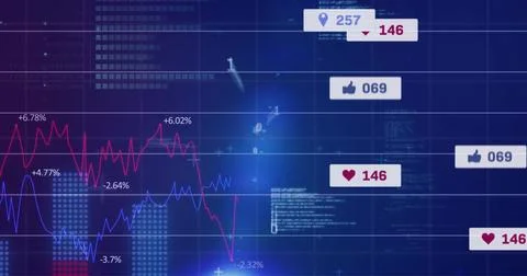Displaying dashboard plotting red and blue line charts in analytics interface, Stock Illustration