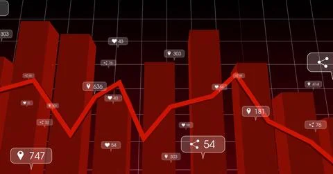 Displaying dashboard with red 3D bar columns and red line graph in analytics Stock Photos