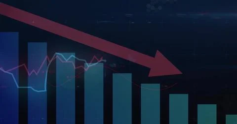 Displaying dashboard with red downward arrow overlaying bar chart and line Stock Illustration