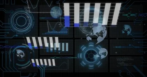 Displaying dashboard rendering vertical bar charts, circular HUD, globe icons, Illustrazione stock