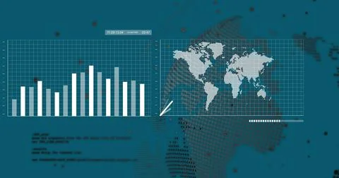 Displaying dashboard on screen, with bar chart, world map, code snippet and Stock Illustration