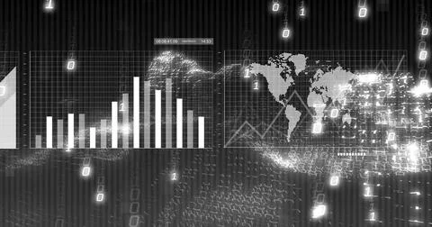 Displaying dashboard on screen with bar chart, timecode stamp and world map grid Stockillustratie