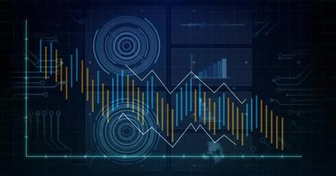 Displaying dashboard screen over circuit grid, featuring bar charts, line graph Stock Photos