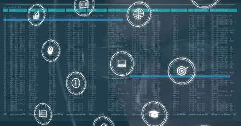 Displaying dashboard screen presenting tabular data grid and overlay white Stock Photos