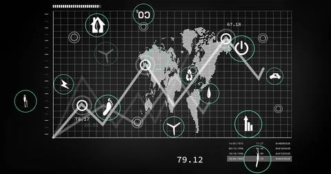 Displaying dashboard on screen showcasing world map grid with line graph, icons Foto stock