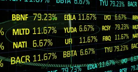 Displaying dashboard on screen showing circular grid lines, with ticker symbols Stock Photos