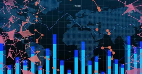 Displaying dashboard screen showing map dots, gridlines, blue bars, line graph, Stockfoto's