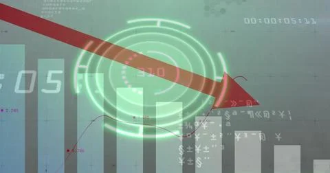 Displaying dashboard screen, showing red arrow cutting green HUD, bars, line Stock Illustration