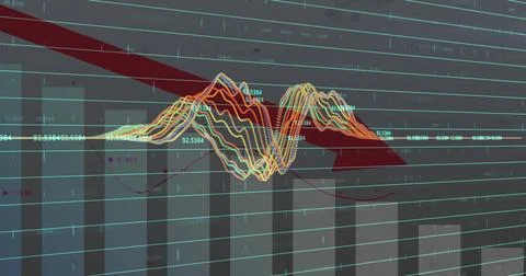 Displaying dashboard on screen showing red arrow trending down over bar chart 库存照片