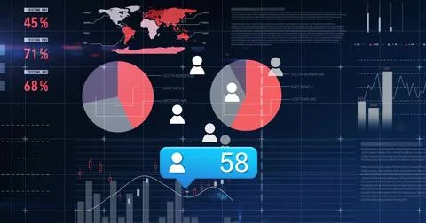 Displaying dashboard on screen, showing world map, pie charts, candlestick ba 스톡 일러스트