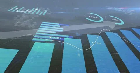 Displaying dashboard showing angled blue teal bars tracing trend line and donut Stock Photos