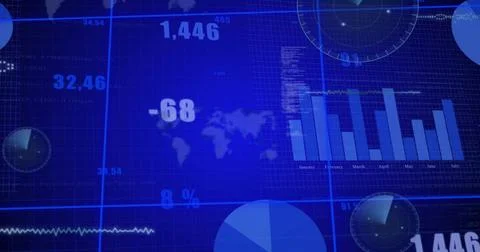 Displaying dashboard showing bar chart and gauges in control room, with world 스톡 일러스트