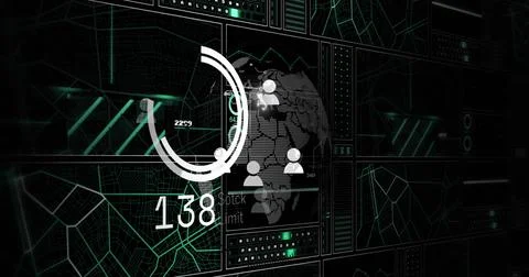 Displaying dashboard showing circle progress ring, world map with user icons, Stock Photos