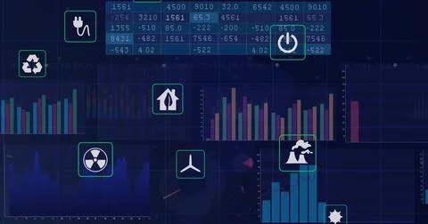 Displaying dashboard showing energy data on dark screen, with recycling, plug Stock Illustration