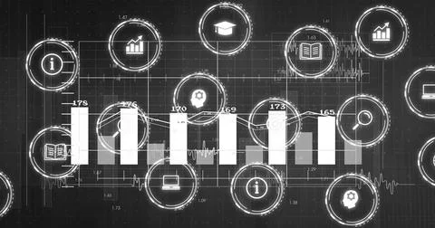 Displaying dashboard showing five-bar chart with numeric labels on dark grid, Stock Illustration