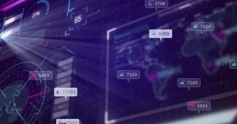 Displaying dashboard showing floating social media metrics over world map on Illustrazione stock
