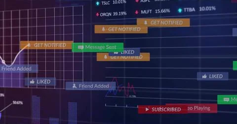 Displaying dashboard showing graph grid and bars on screen, with banners, icons Stock Photos