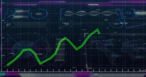 Displaying dashboard showing green jagged trend line rising on monitor, with 80% Stock Illustration