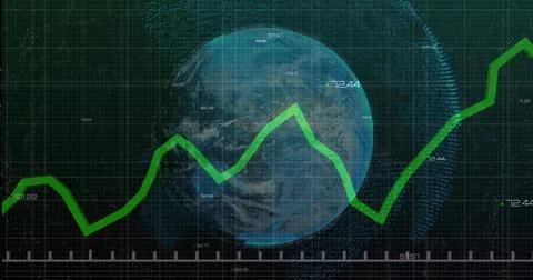 Displaying dashboard showing green zigzag graph crossing blue Earth globe on Stock Illustration