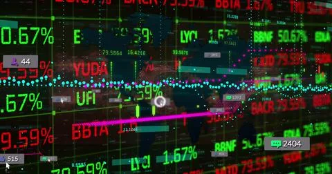 Displaying dashboard showing live data on grid with ticker symbols, percentages, Stock Illustration
