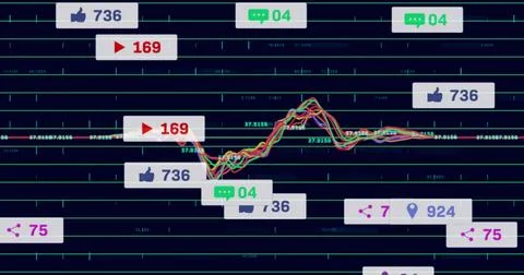 Displaying dashboard showing multi-colored line graph over neon grid on screen, Stock Illustration