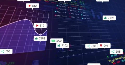 Displaying dashboard showing purple grid-based line charts on screen, with Stock Illustration