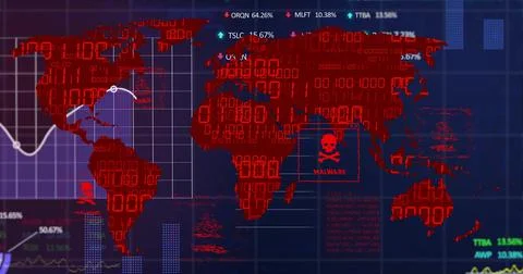 Displaying dashboard showing red binary world map with percent labels on screen, Stock Illustration