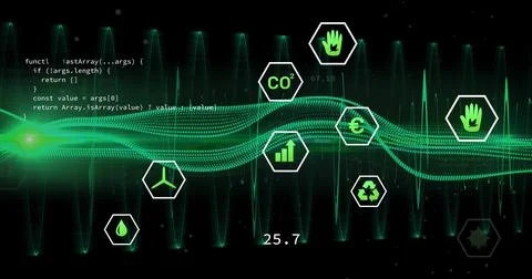 Displaying dashboard streaming green waveform on black screen, with CO2 hex Foto stock