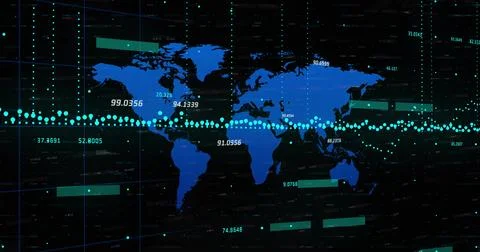 Displaying dashboard tracing turquoise data line over blue world map silhouette Foto stock