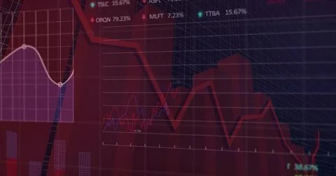 Displaying dashboard on trading screen, with overlaid line graphs, bar charts Stock Illustration