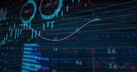 Displaying dashboard on trading screen, showing candlestick bars, trend line and イラスト素材