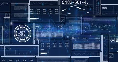 Displaying dashboard UI showing translucent panels, circular gauge, waveform Stock Photos