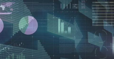 Displaying dashboard visualizing data metrics on dark screen, with world map Illustrazione stock