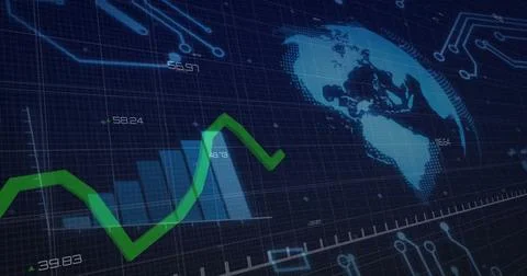 Displaying dashboard world map, green line-over-bar chart, grid circuit overlay イラスト素材