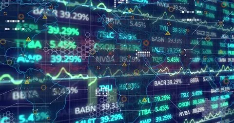 Displaying dashboard on world map showing percentages, tickers, graphs, hex grid イラスト素材
