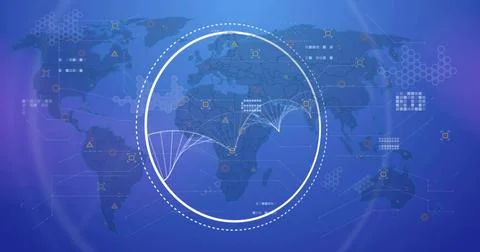 Displaying dashed circle showing Africa-to-Europe-and-Middle East arcs on world Stock Illustration