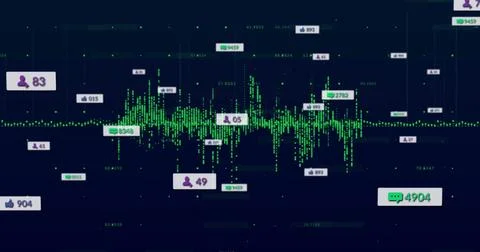 Displaying data analytics dashboard on navy grid interface, with green waveform Stock Photos