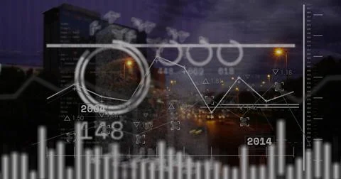 Displaying data analytics HUD overlaying nighttime urban roadway, with moving Stock Photos