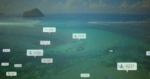 Displaying data callouts hovering over turquoise lagoon, with numeric labels, 스톡 사진