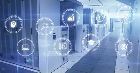 Displaying data center aisle featuring server racks with vents and cable trays, Stock Photos