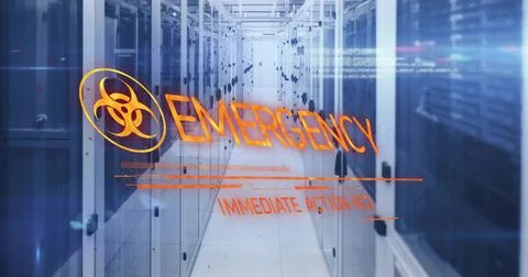 Displaying data center aisle with server cabinets, showing emergency HUD with Stock Photos