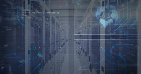 Displaying data center aisle stretching, highlighting server racks, code snip Illustrazione stock